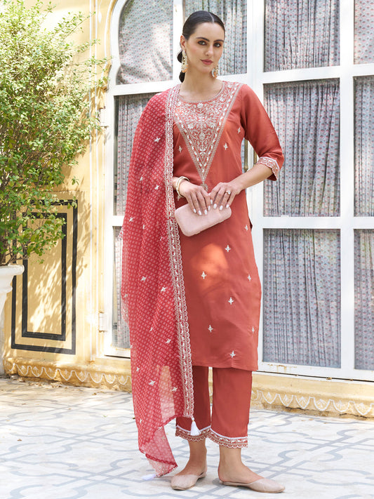 Chandrika Embroidered Silk Blend Straight Suit With Dupatta - FitVibe Fashion