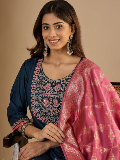 Indu Teal Silk Blend Embroidered Straight Suit Set With Dupatta - FitVibe Fashion