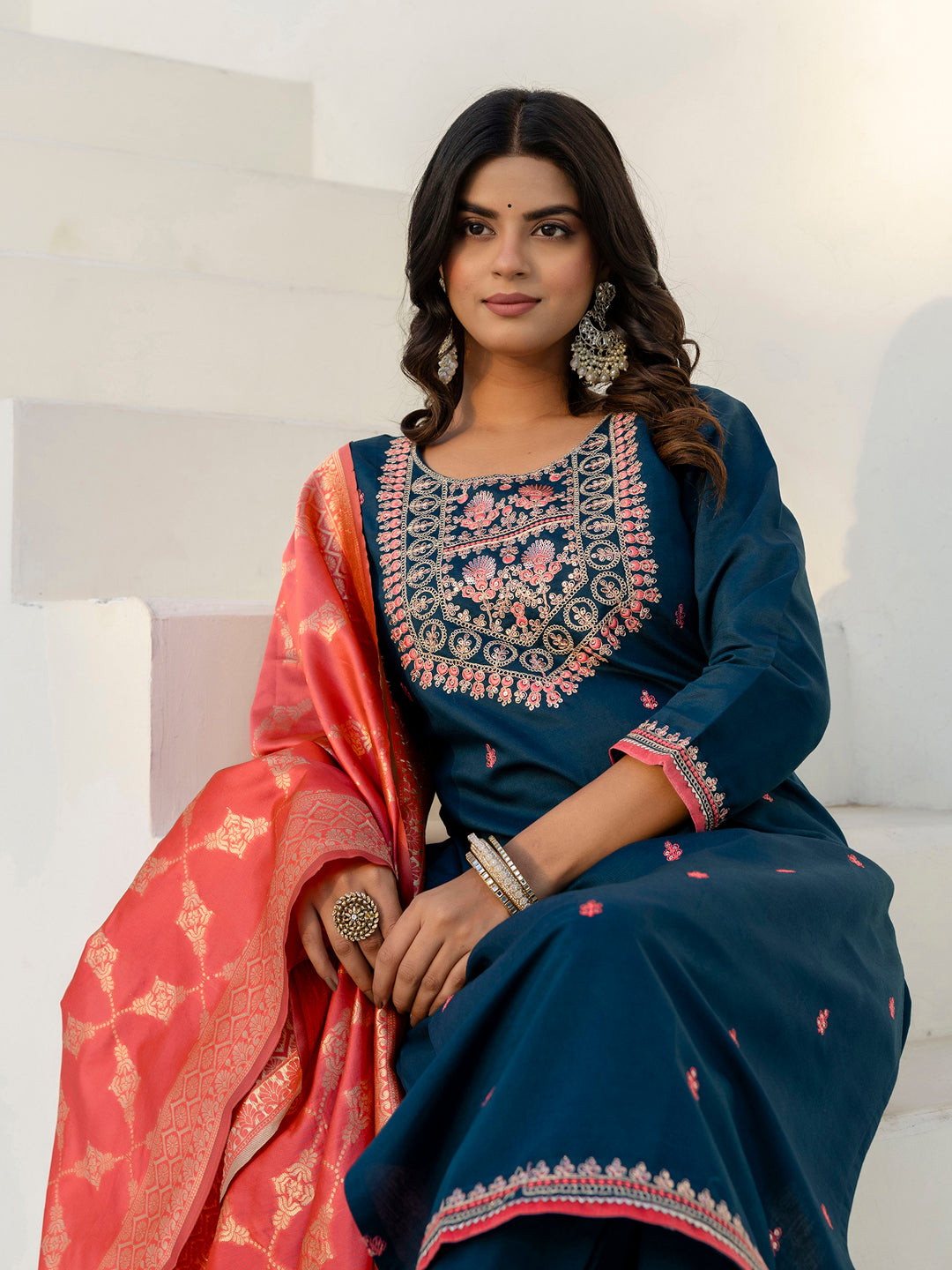 Reedhima Teal Silk Blend Kurta With Dupatta Set - FitVibe Fashion