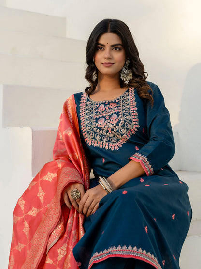 Reedhima Teal Silk Blend Kurta With Dupatta Set - FitVibe Fashion