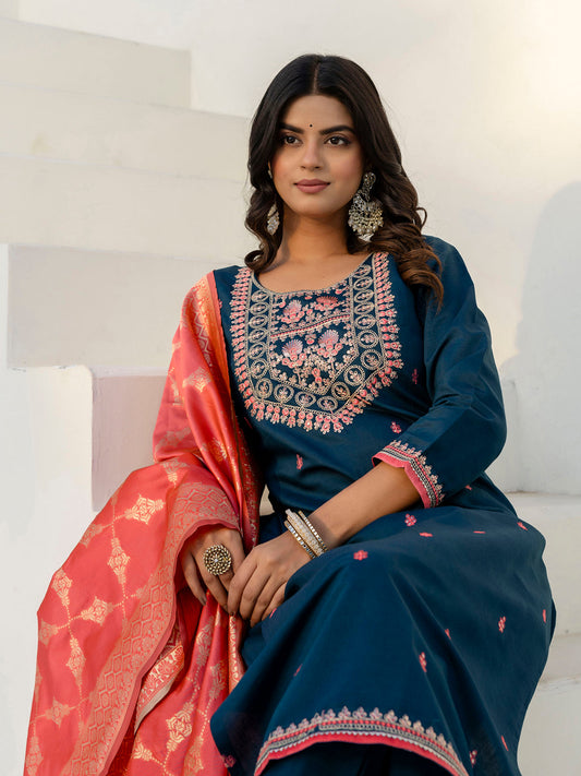 Reedhima Teal Silk Blend Kurta With Dupatta Set - FitVibe Fashion