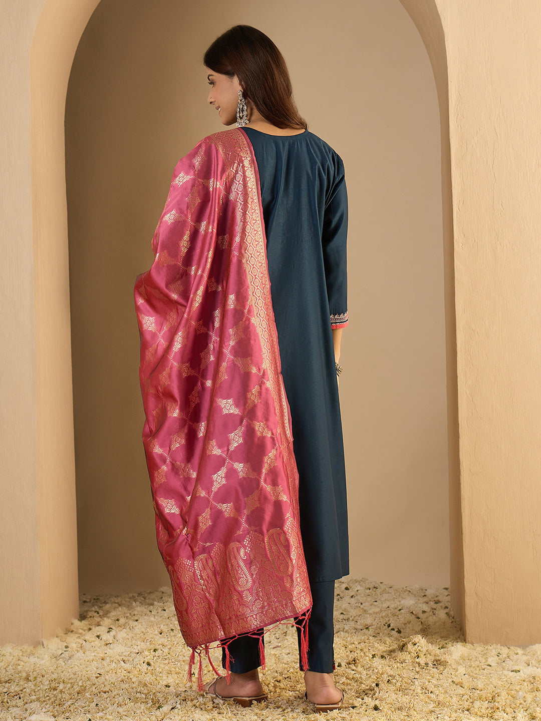 Indu Teal Silk Blend Embroidered Straight Suit Set With Dupatta - FitVibe Fashion