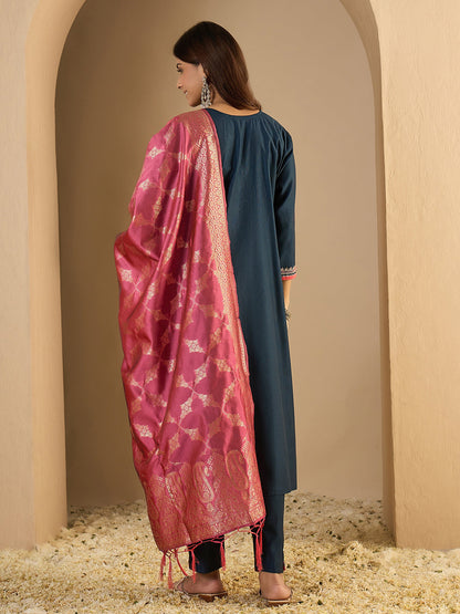 Indu Teal Silk Blend Embroidered Straight Suit Set With Dupatta - FitVibe Fashion