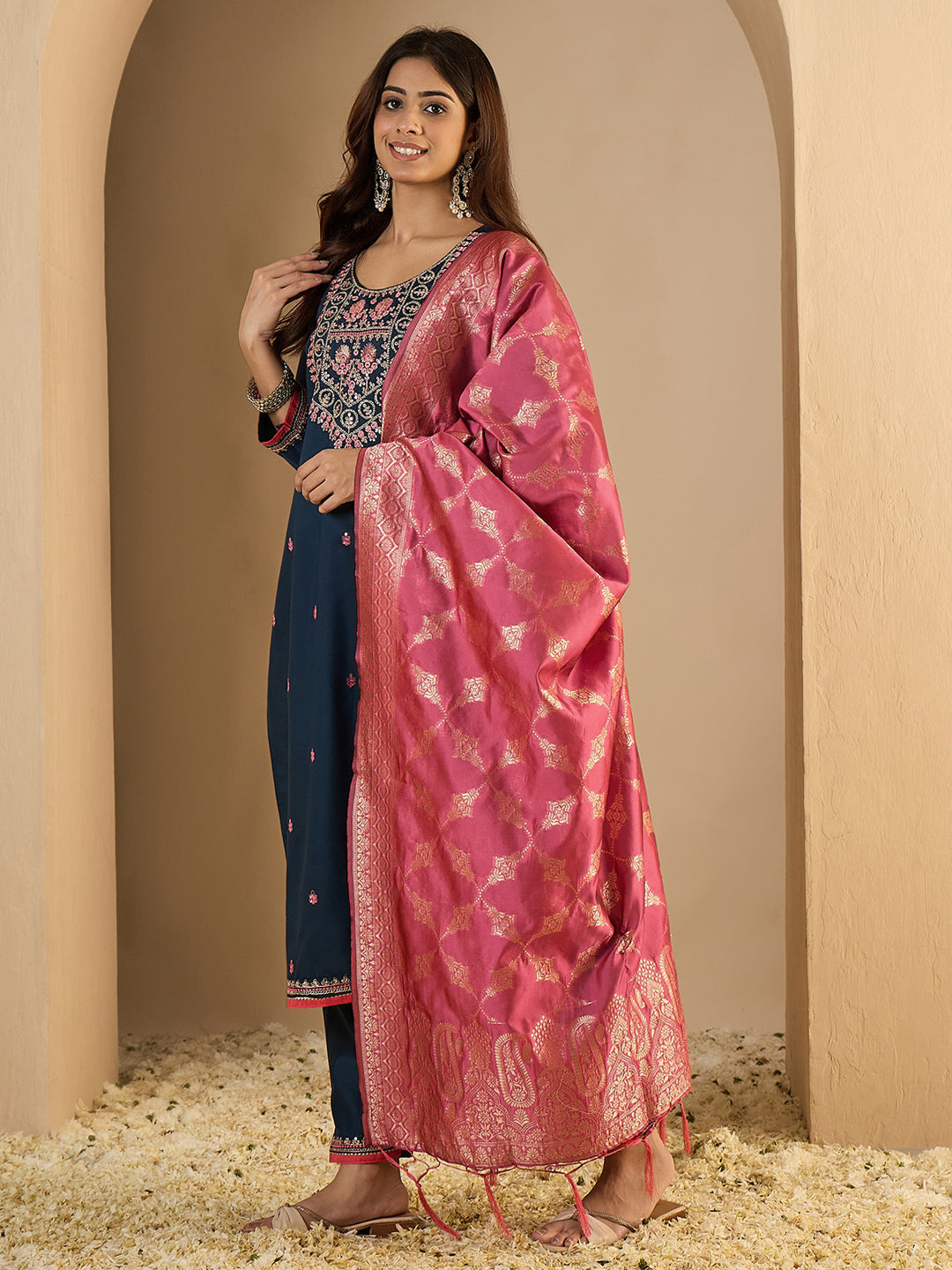 Indu Teal Silk Blend Embroidered Straight Suit Set With Dupatta - FitVibe Fashion