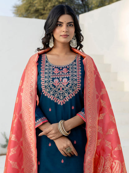 Reedhima Teal Silk Blend Kurta With Dupatta Set - FitVibe Fashion