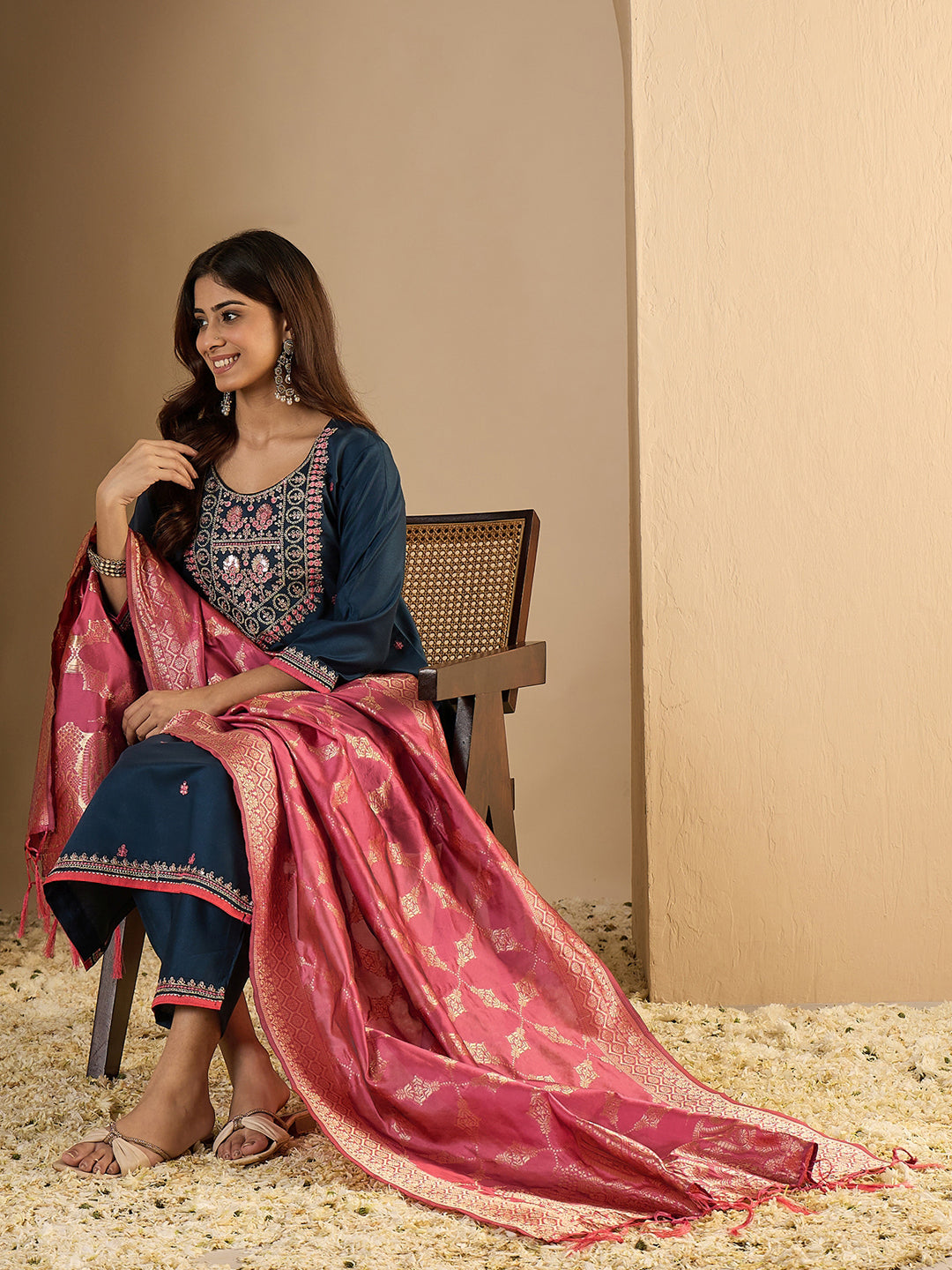 Indu Teal Silk Blend Embroidered Straight Suit Set With Dupatta - FitVibe Fashion