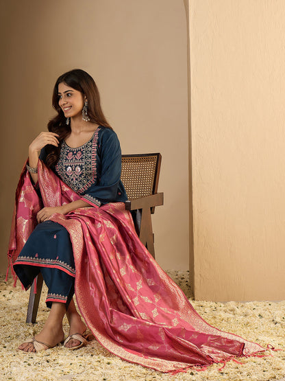 Indu Teal Silk Blend Embroidered Straight Suit Set With Dupatta - FitVibe Fashion