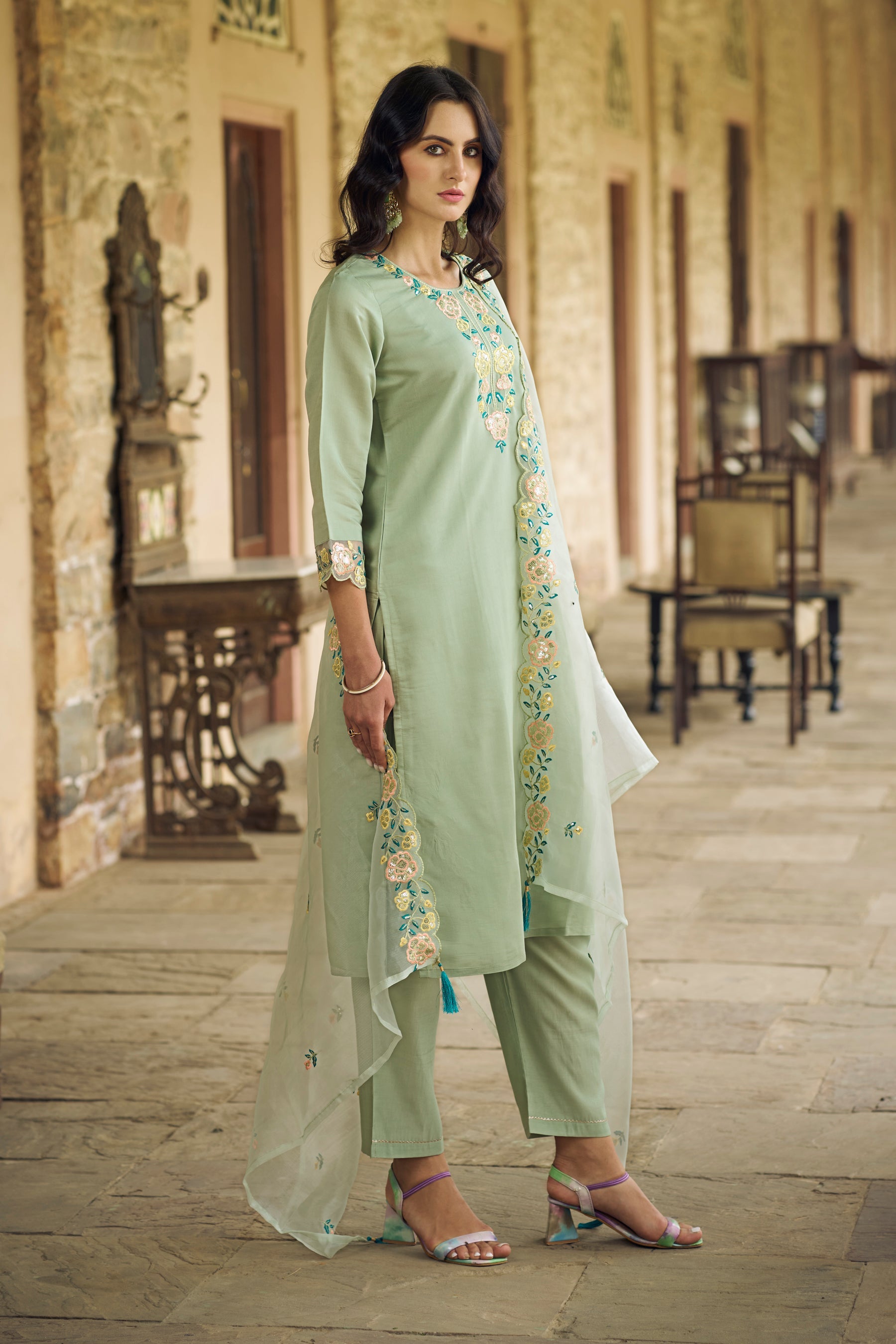 Sanskriti Women Kurta and Pant Sets Viscos Roman Silk Fabric - FitVibe Fashion