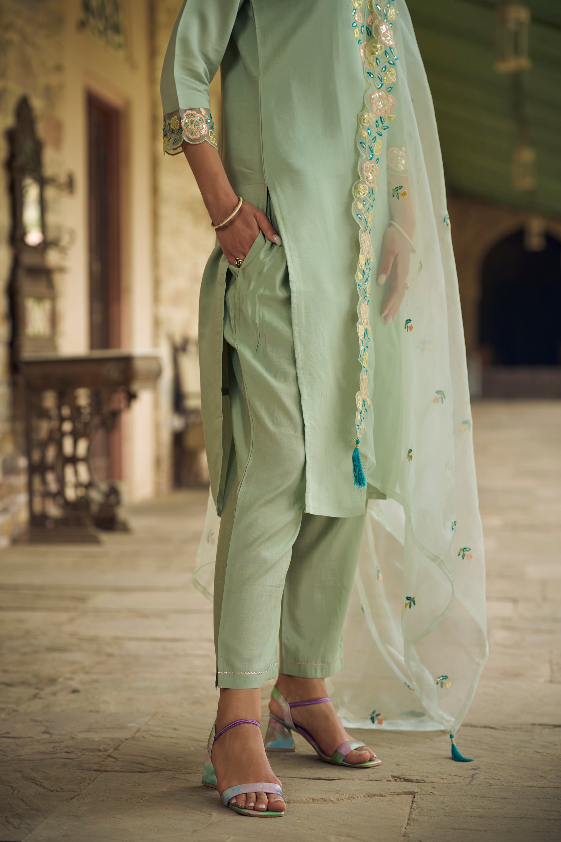 Sanskriti Women Kurta and Pant Sets Viscos Roman Silk Fabric - FitVibe Fashion