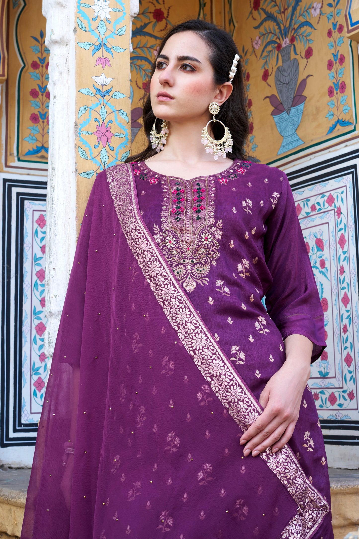 Arya Women Kurta and Pant Sets Dupatta Viscose Rayon Silk Blend with Handwork - FitVibe Fashion