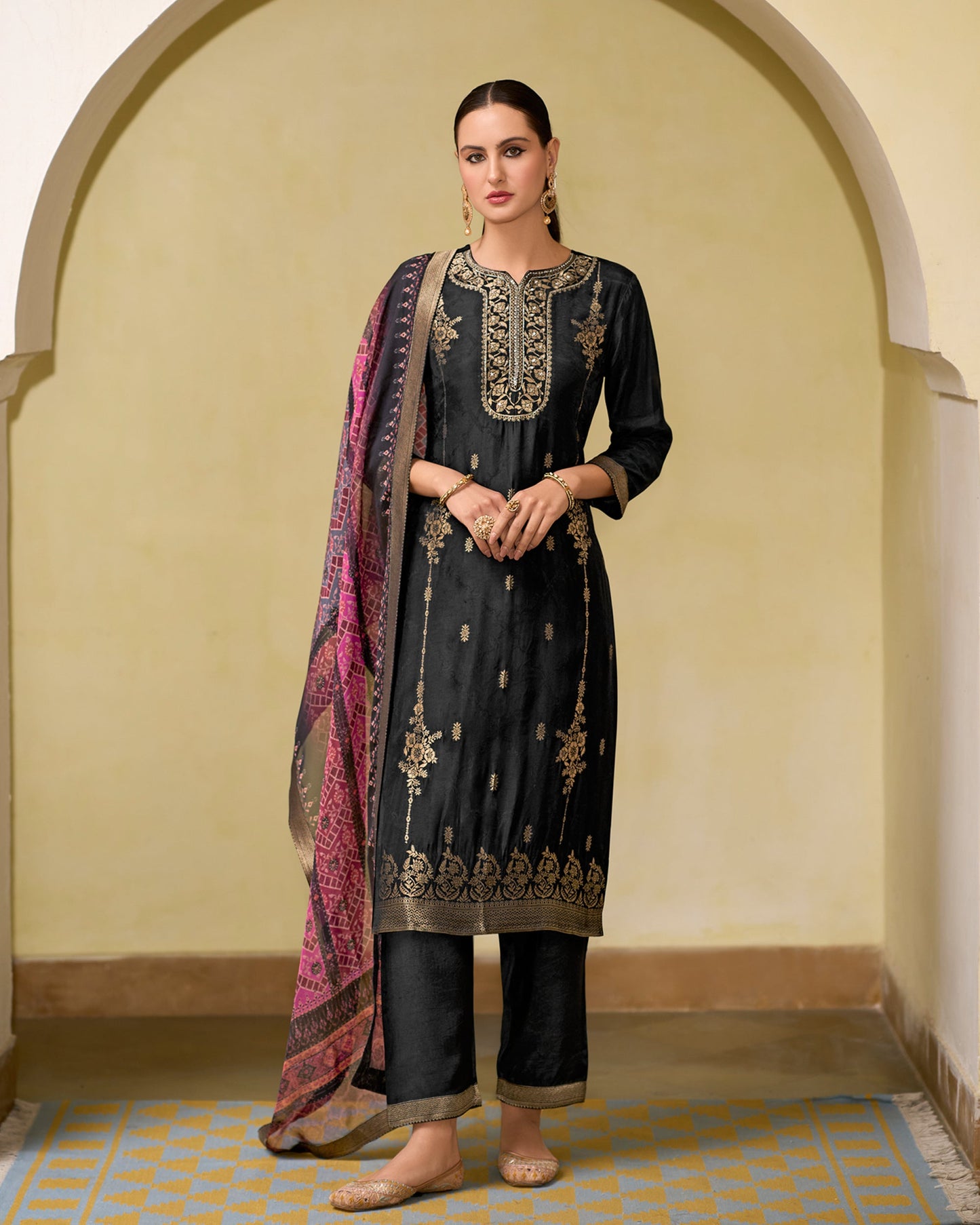 Riwaayat Viscose Self Jacquard Women Kurta and Trouser Duppata Set - FitVibe Fashion