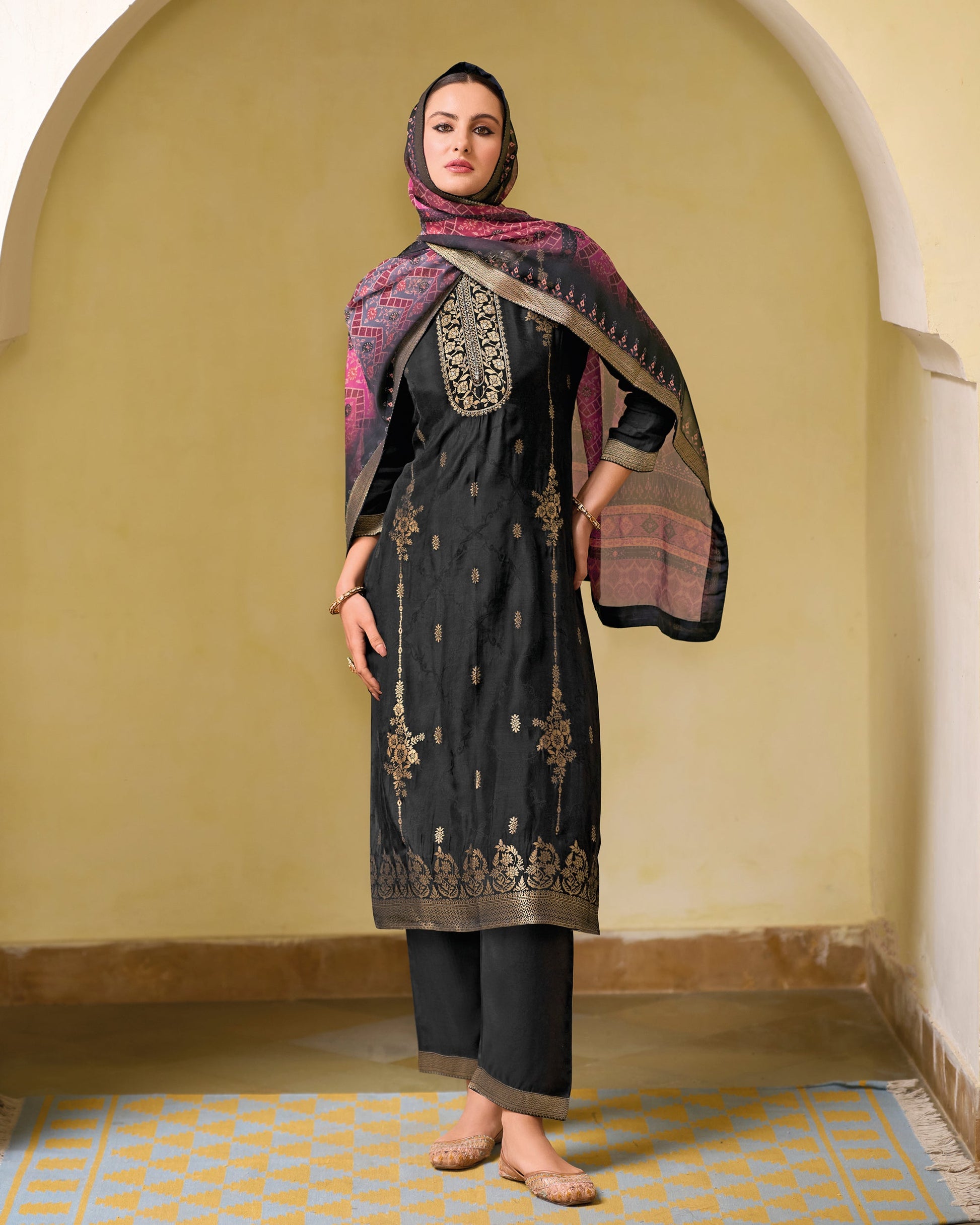 Riwaayat Viscose Self Jacquard Women Kurta and Trouser Duppata Set - FitVibe Fashion