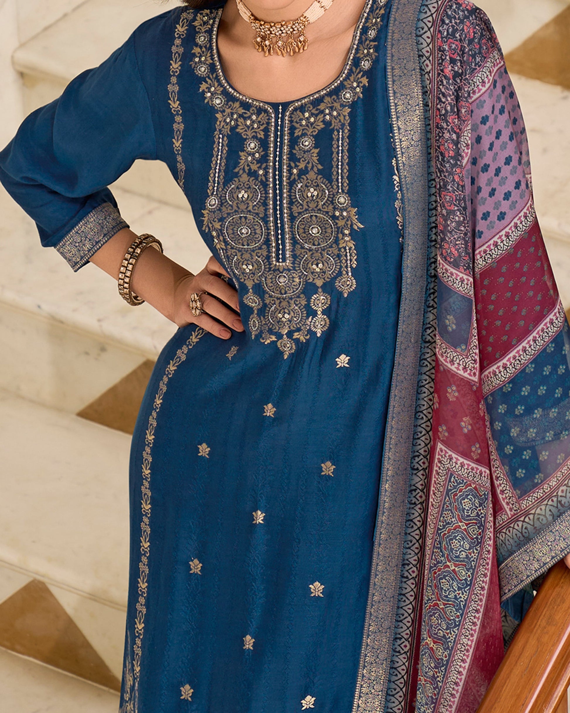 Zeenat Viscose Self Jacquard Women Kurta and Trouser Duppata Set - FitVibe Fashion