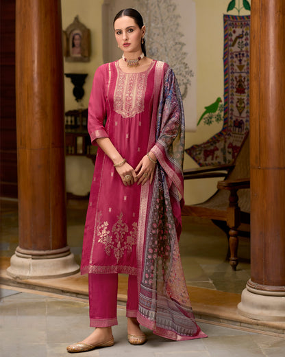 Zarqash Viscose Self Jacquard Women Kurta and Trouser Duppata Set - FitVibe Fashion