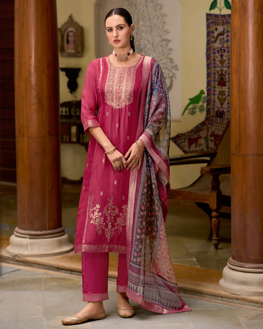 Zarqash Viscose Self Jacquard Women Kurta and Trouser Duppata Set - FitVibe Fashion