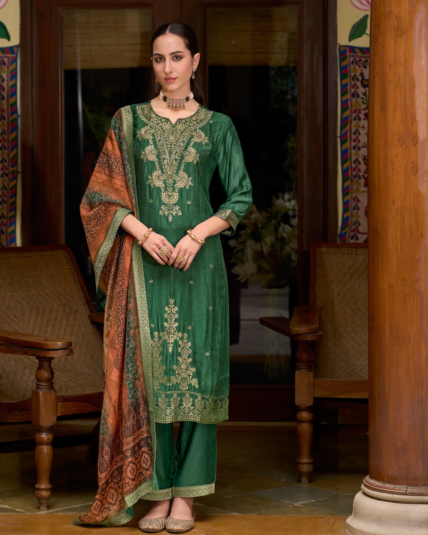 Saubhagya Viscose Self Jacquard Women Kurta and Trouser Duppata Set - FitVibe Fashion