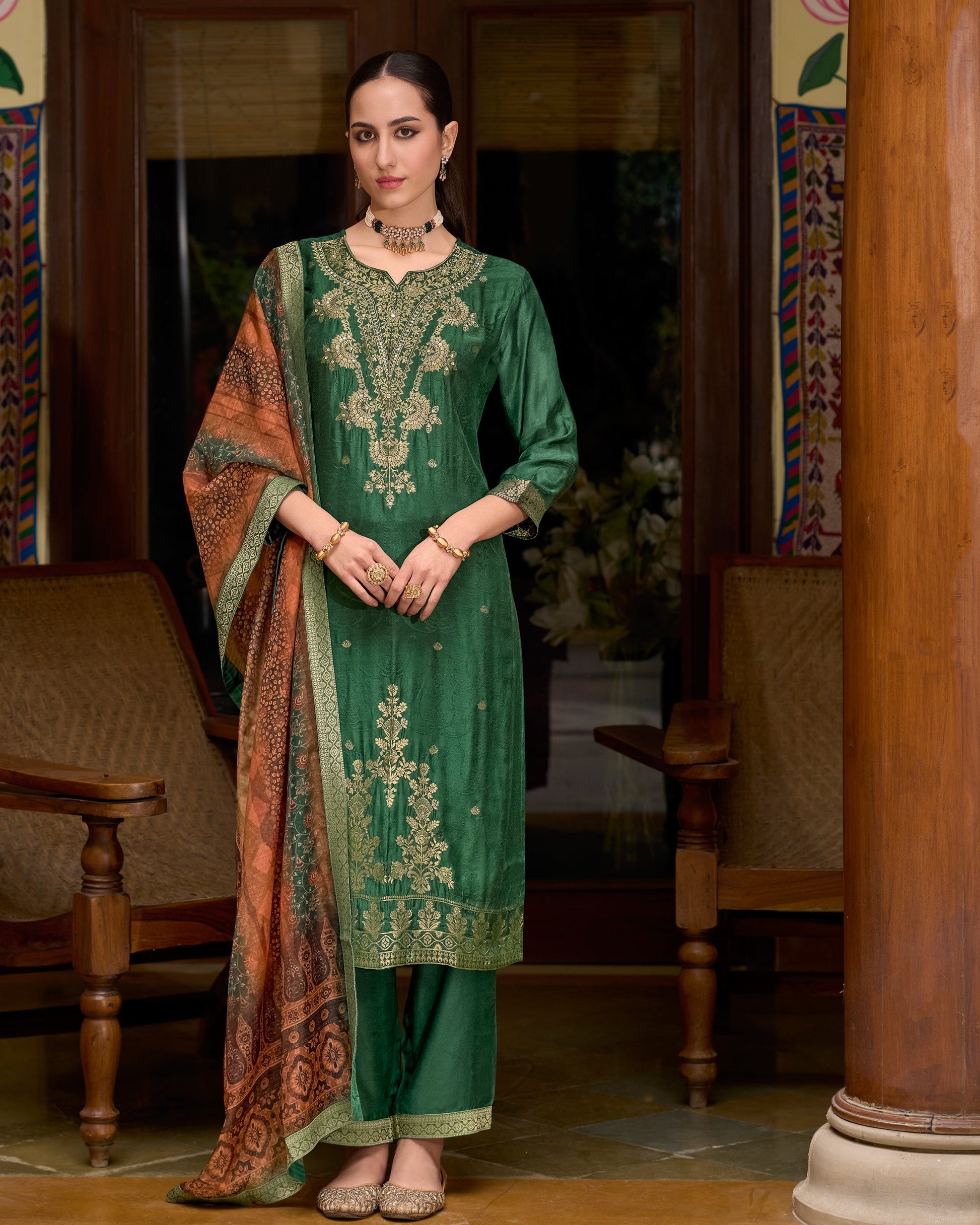 Saubhagya Viscose Self Jacquard Women Kurta and Trouser Duppata Set - FitVibe Fashion