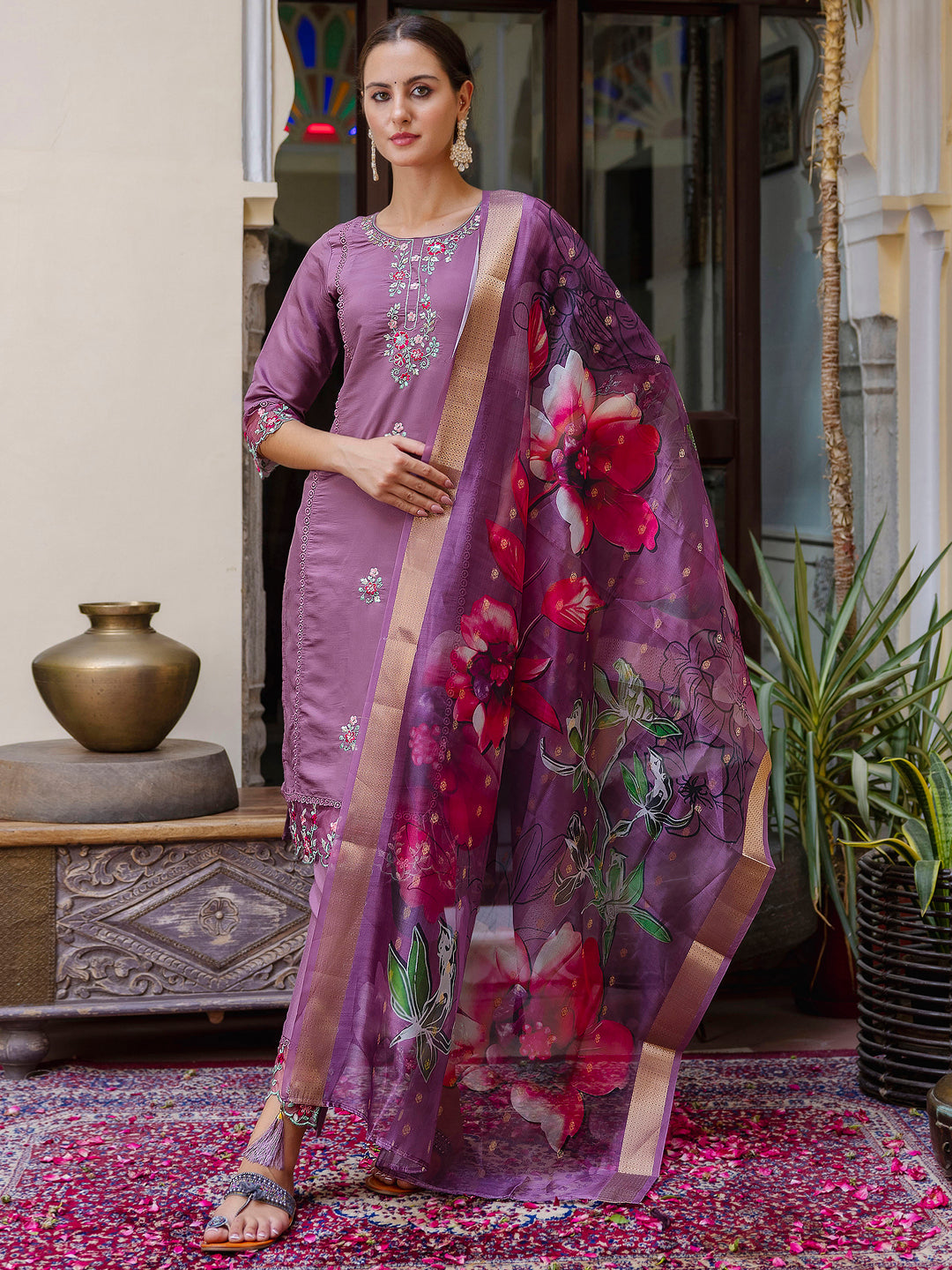Nisha Viscose Roman Silk Calf Length Kurta Set Dupatta - FitVibe Fashion