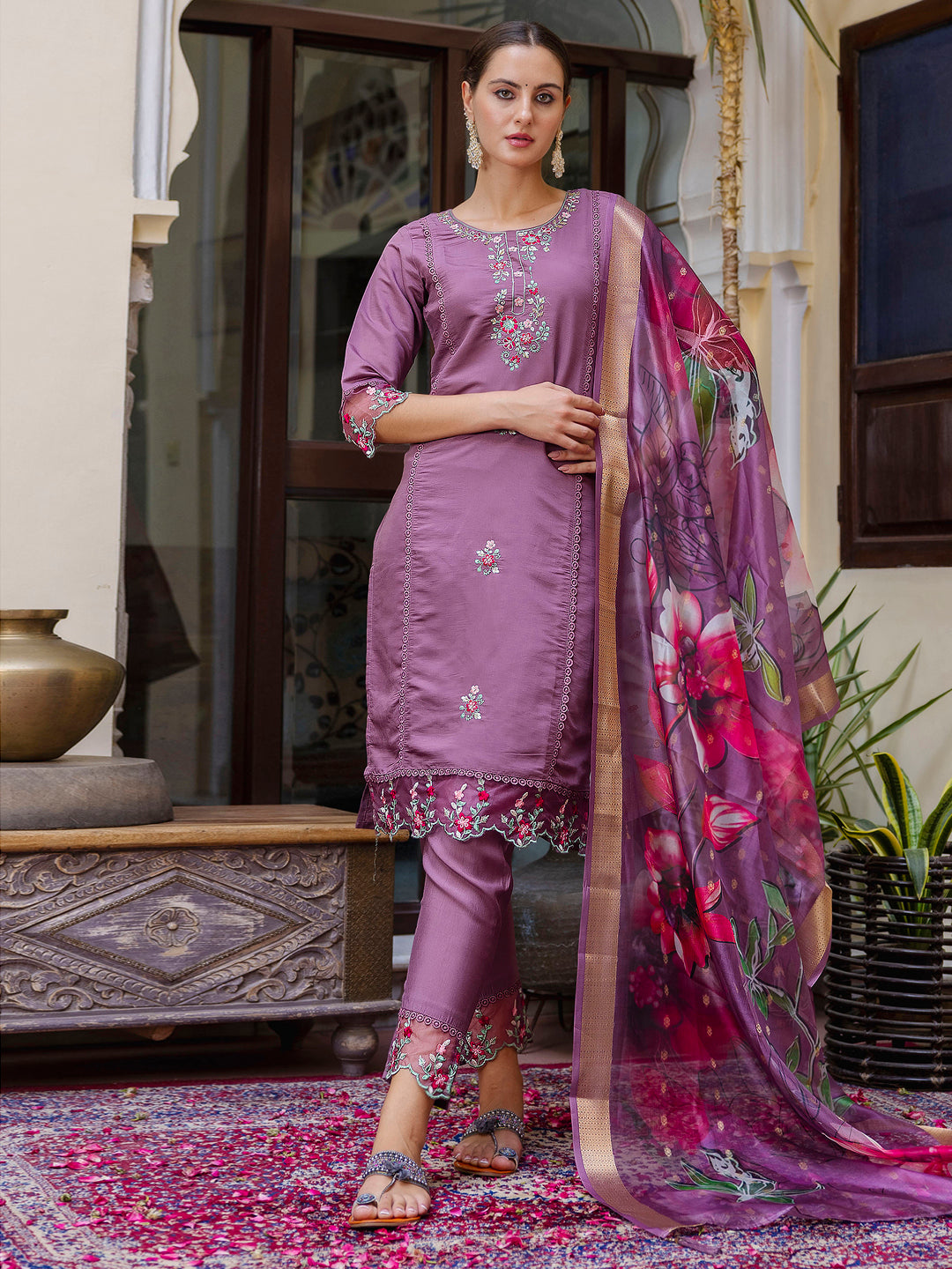 Nisha Viscose Roman Silk Calf Length Kurta Set Dupatta - FitVibe Fashion