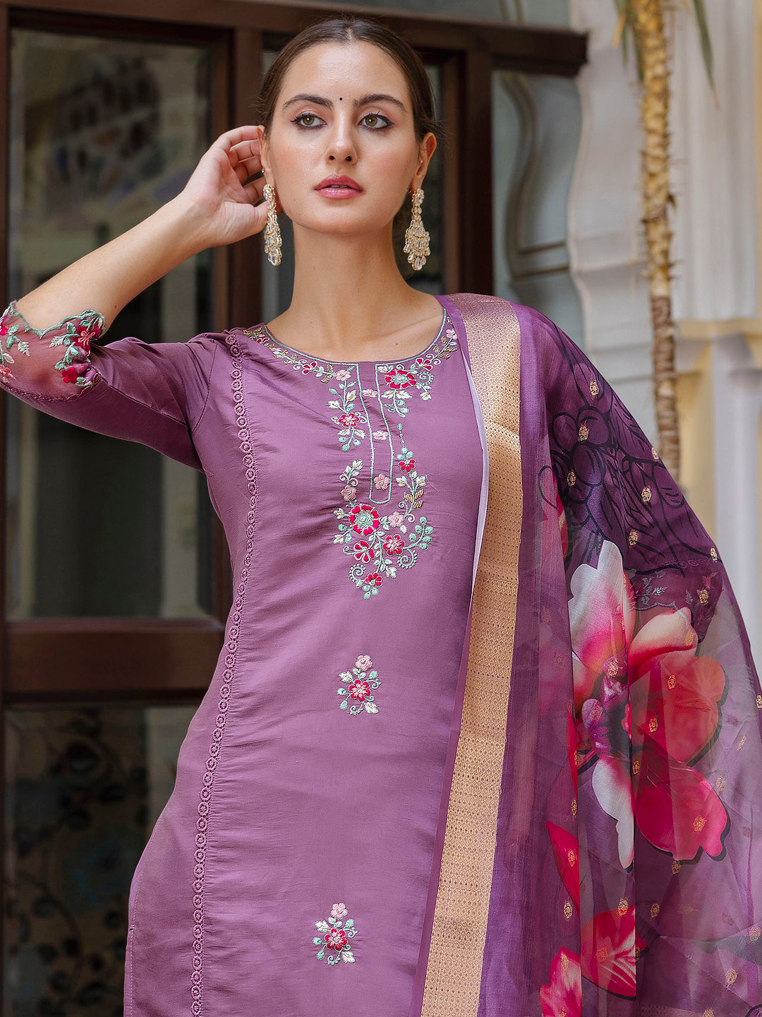 Nisha Viscose Roman Silk Calf Length Kurta Set Dupatta - FitVibe Fashion