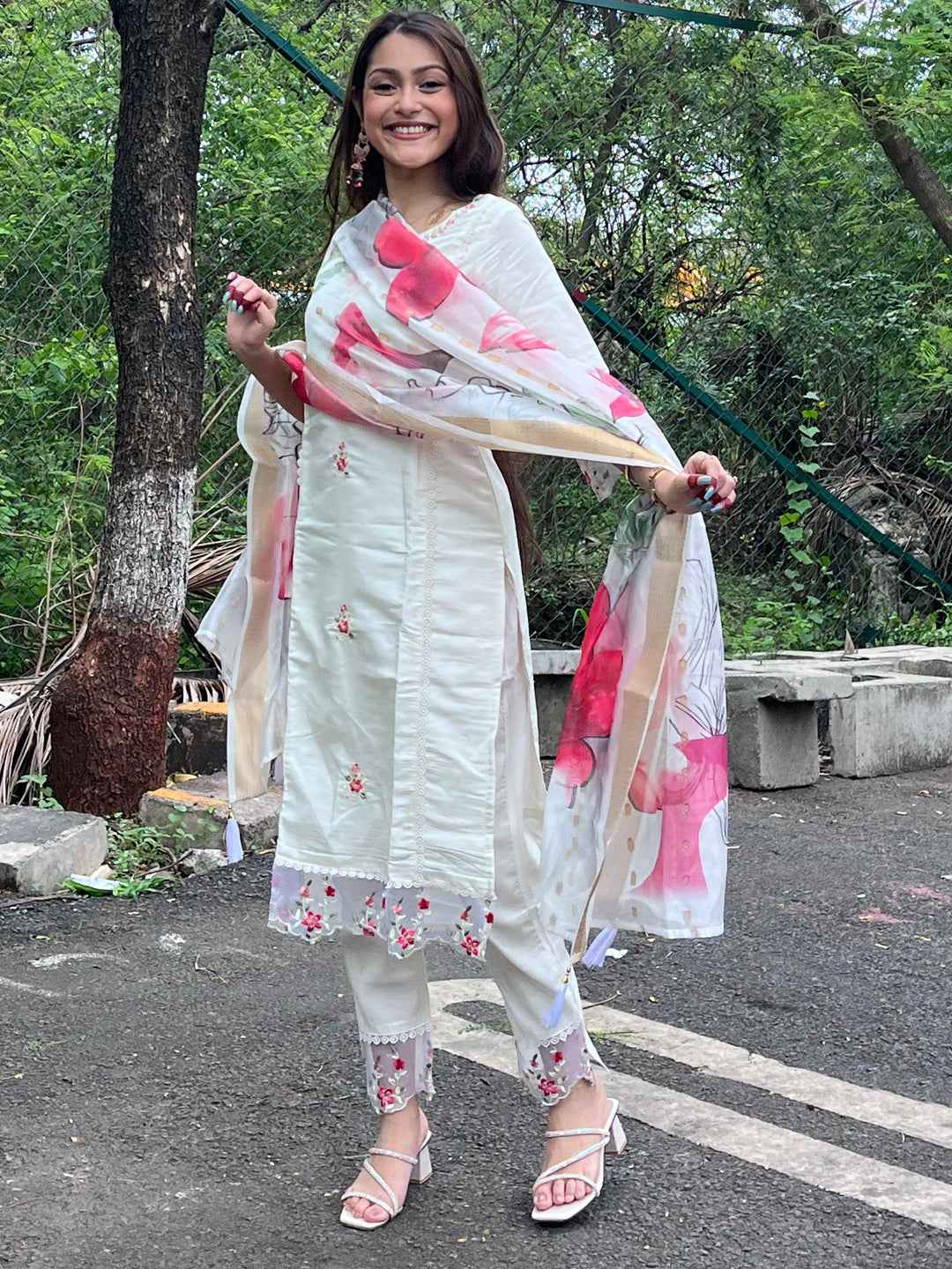 Aadhira Viscose Roman Silk Calf Length Kurta Set Dupatta