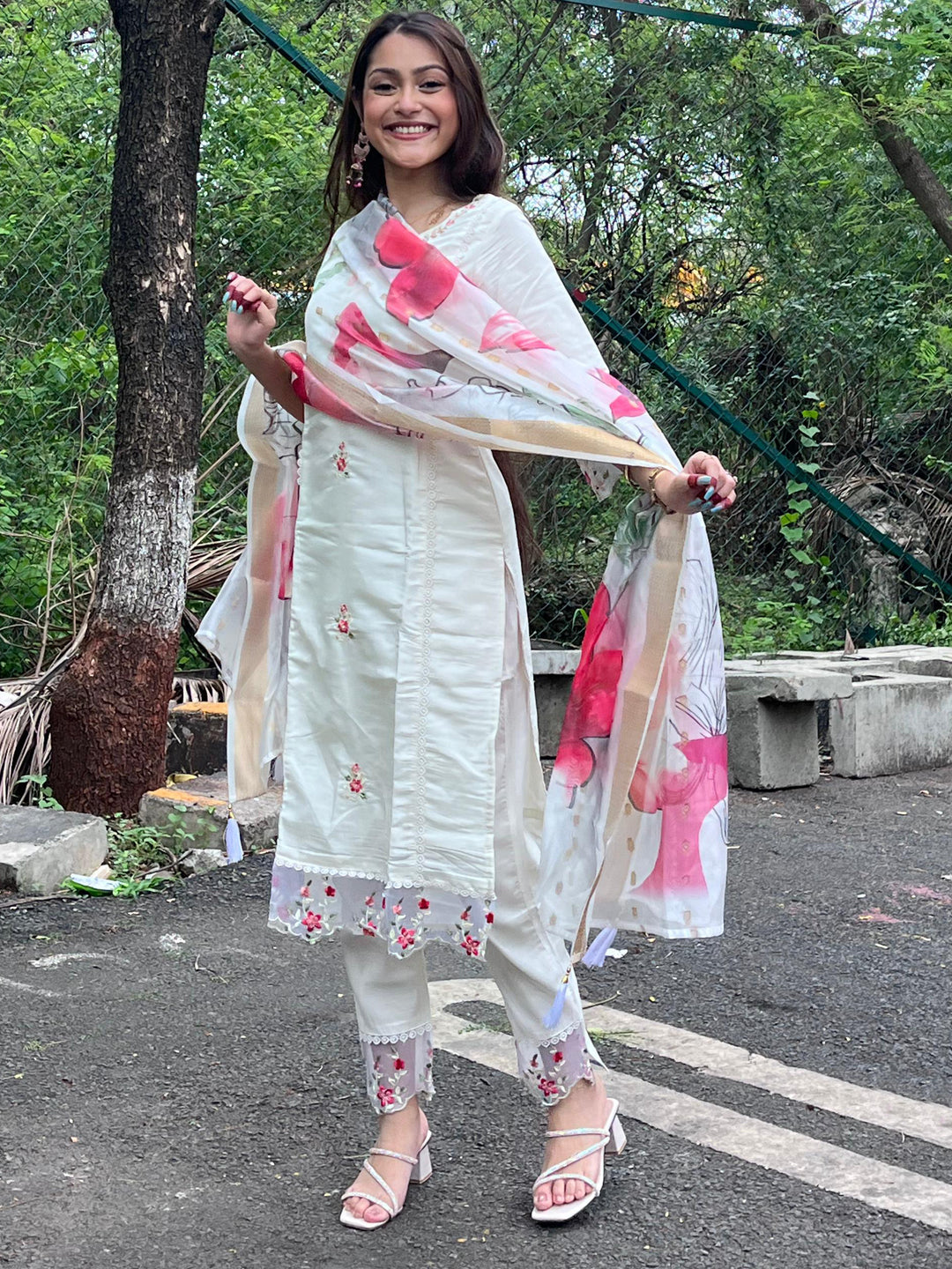 Nisha Viscose Roman Silk Calf Length Kurta Set Dupatta - FitVibe Fashion