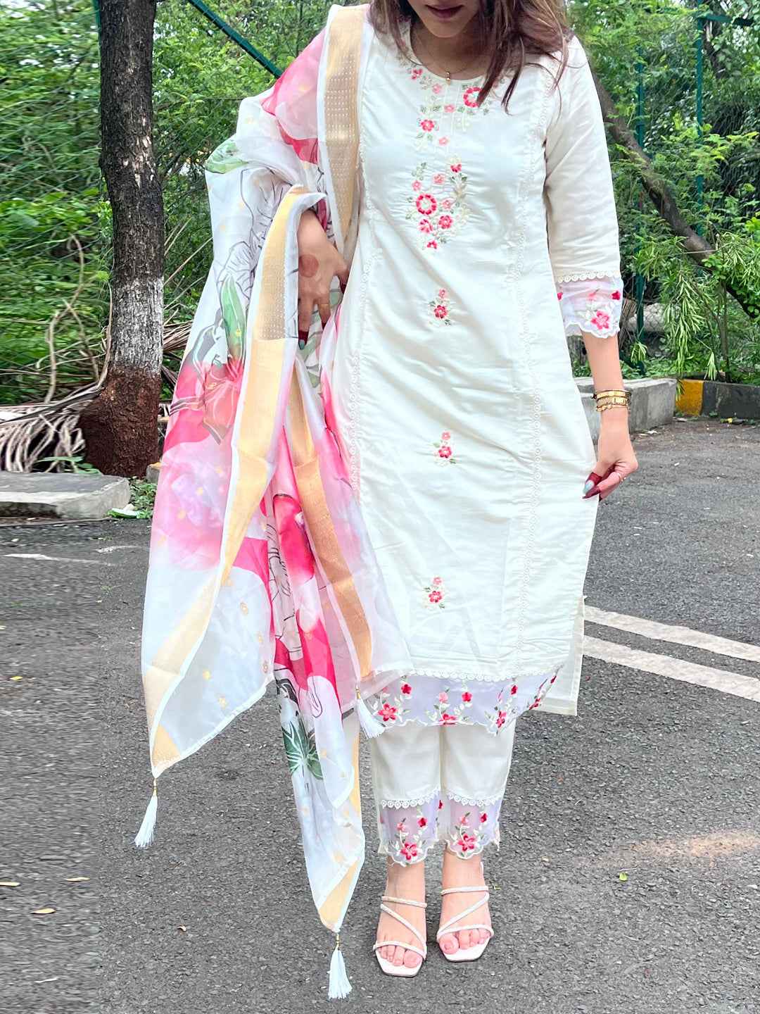 Aadhira Viscose Roman Silk Calf Length Kurta Set Dupatta