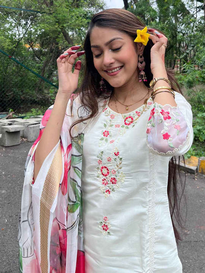 Aadhira Viscose Roman Silk Calf Length Kurta Set Dupatta