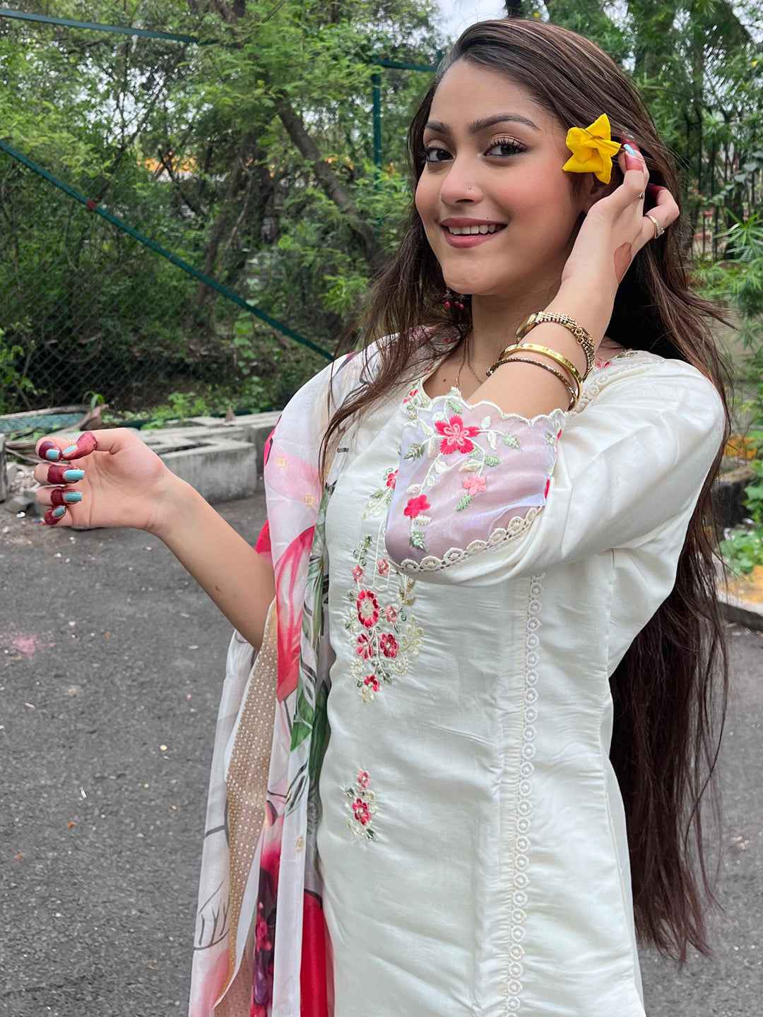 Aadhira Viscose Roman Silk Calf Length Kurta Set Dupatta