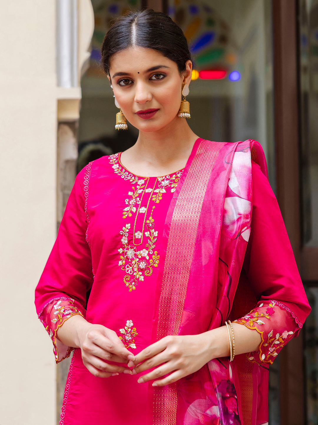 Mohini Viscose Roman Silk Calf Length Kurta Set Dupatta - FitVibe Fashion