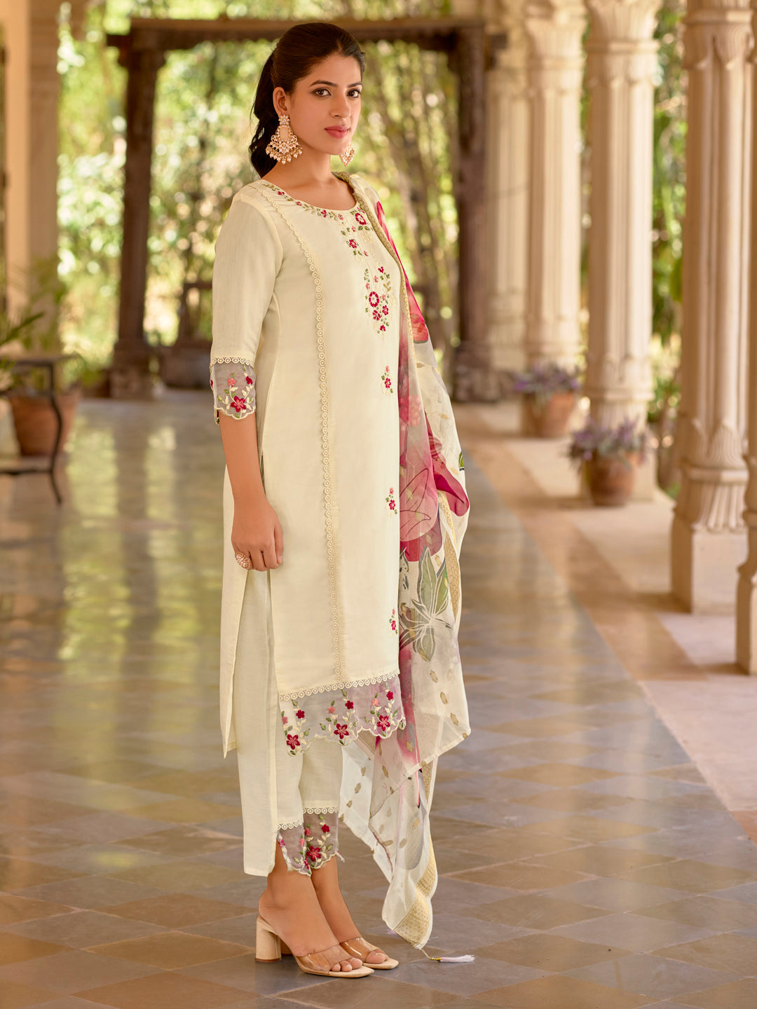 Saumya Viscose Roman Silk Calf Length Kurta Set Dupatta - FitVibe Fashion