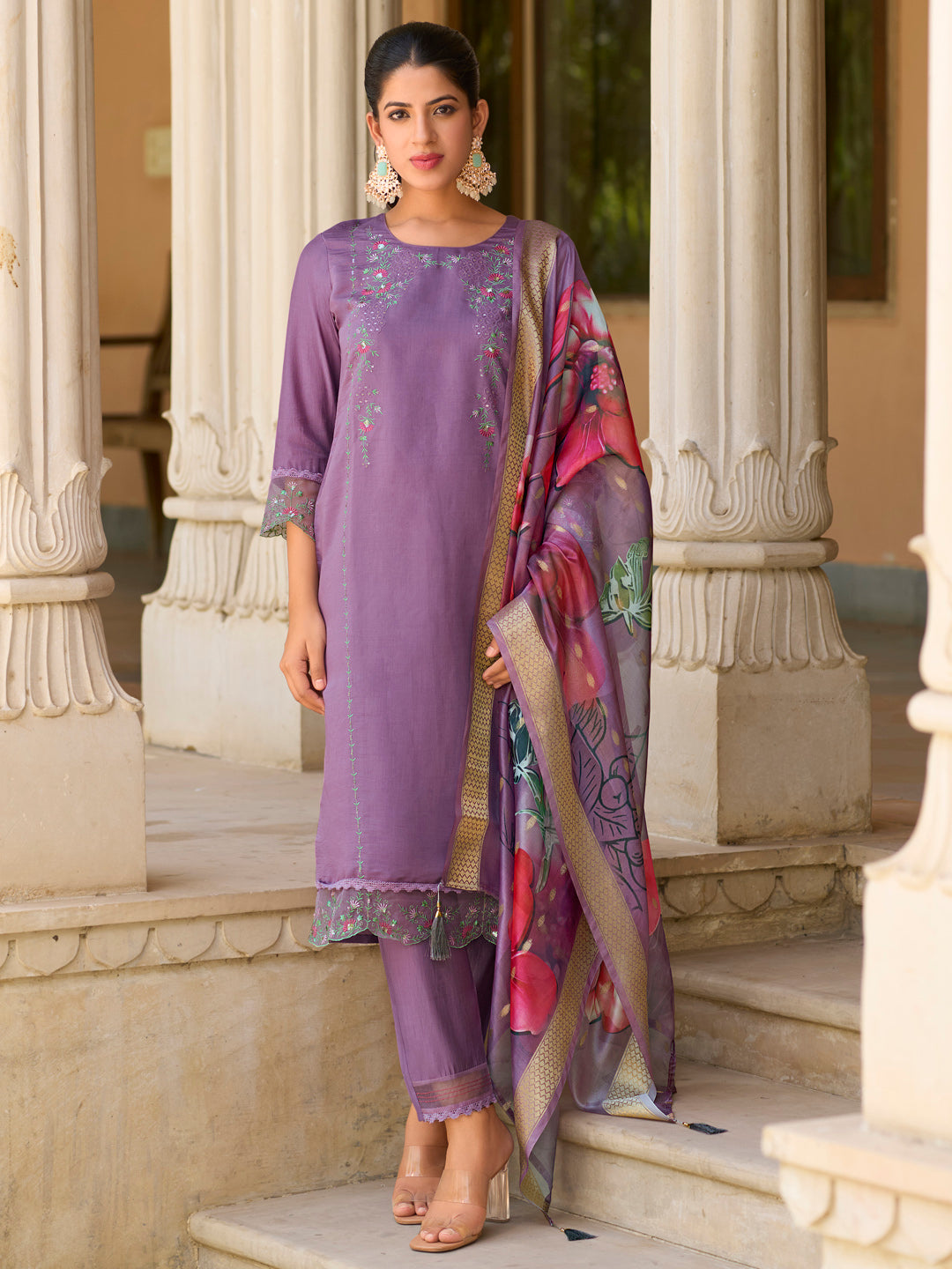 Saleena Viscose Silk Embroidery Straight Kurta Pant with Dupatta Suits - FitVibe Fashion