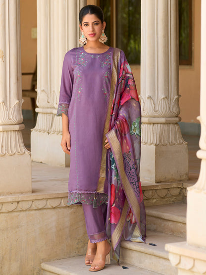 Saleena Viscose Silk Embroidery Straight Kurta Pant with Dupatta Suits - FitVibe Fashion