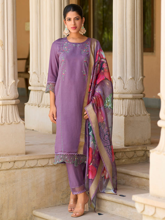 Saleena Viscose Silk Embroidery Straight Kurta Pant with Dupatta Suits - FitVibe Fashion