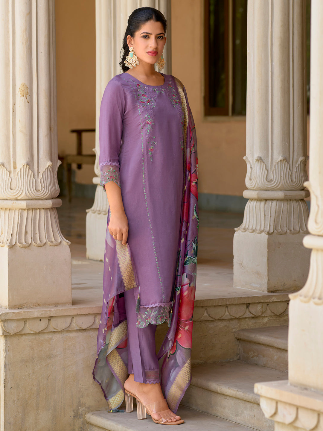 Saleena Viscose Silk Embroidery Straight Kurta Pant with Dupatta Suits - FitVibe Fashion