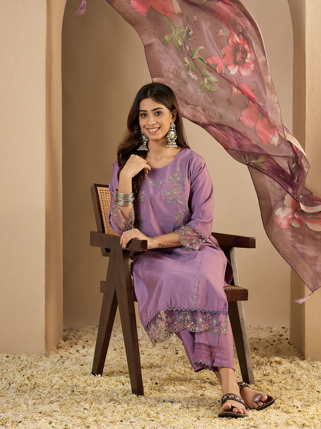 Braahmi Lavender Embroidery Straight Kurta Pant with Dupatta Suits - FitVibe Fashion