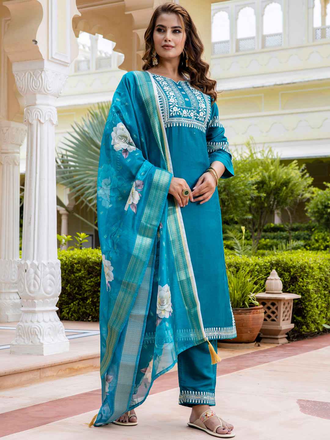 Aathmika Women’s Viscose Roman Silk Embroidery Straight Kurta Pant with Dupatta Set