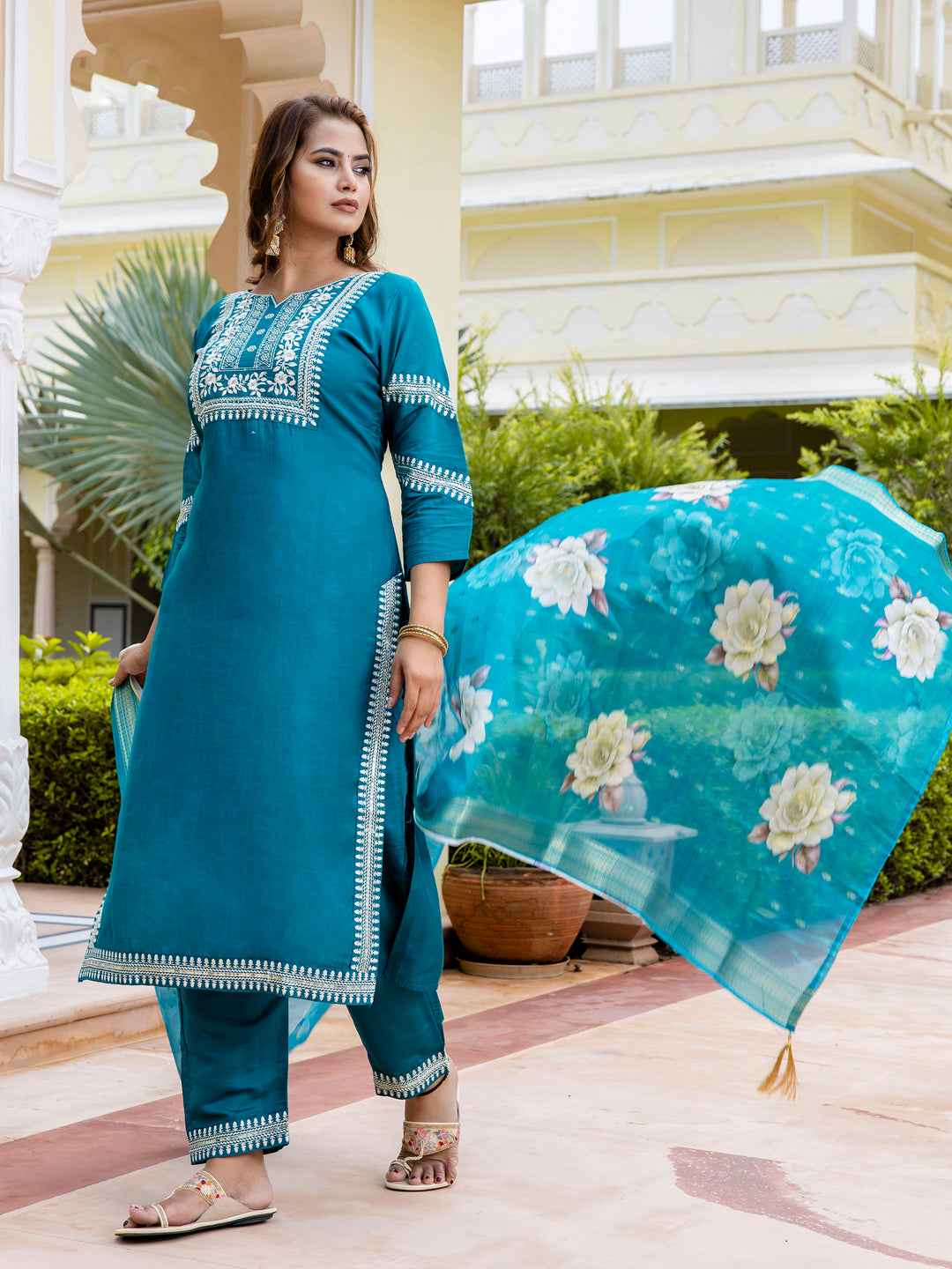 Aathmika Women’s Viscose Roman Silk Embroidery Straight Kurta Pant with Dupatta Set