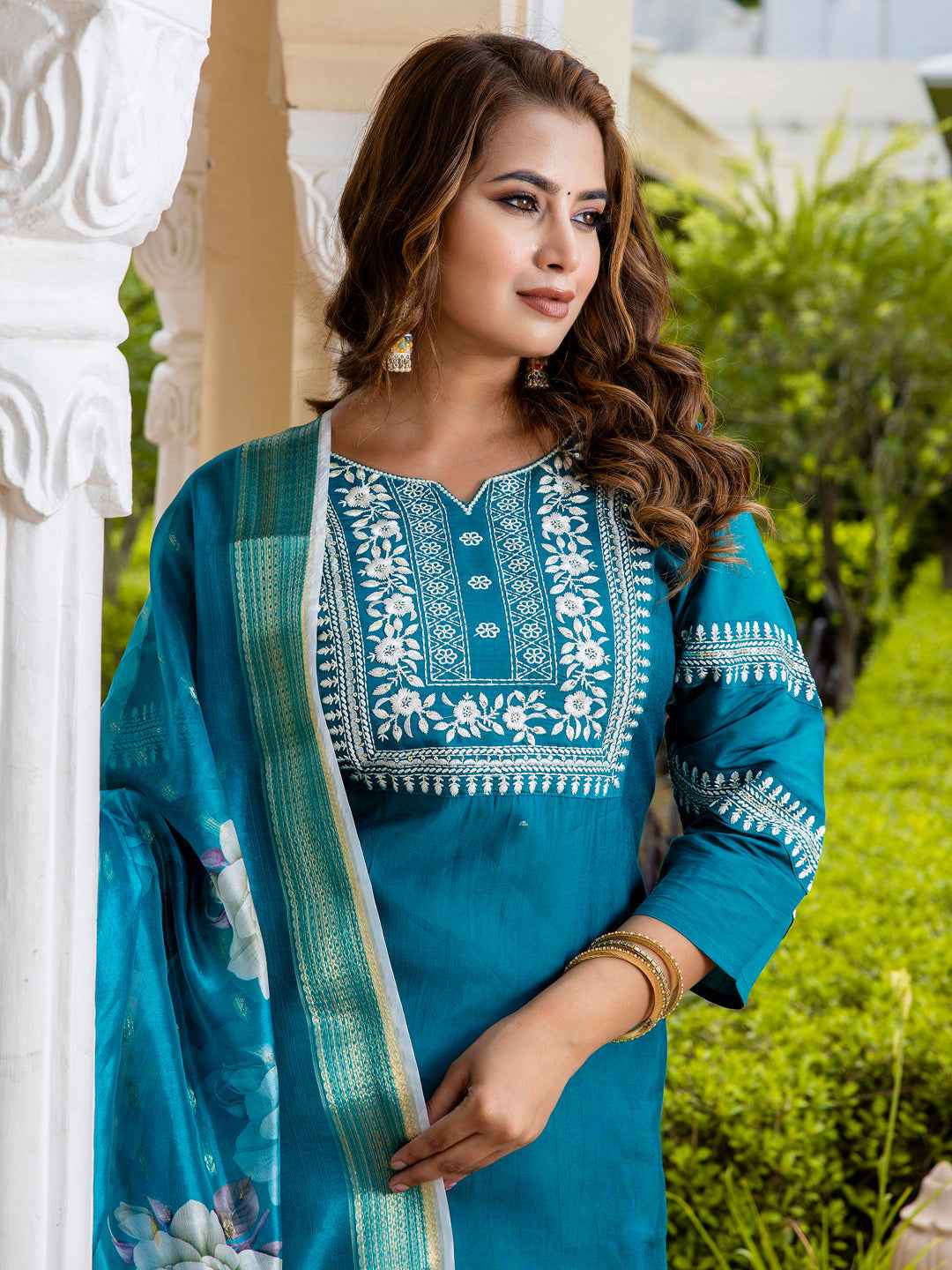 Aathmika Women’s Viscose Roman Silk Embroidery Straight Kurta Pant with Dupatta Set