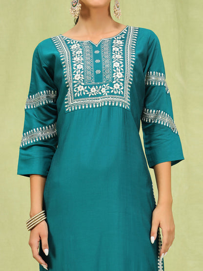 Nayika Women’s Viscose Roman Silk Embroidery Straight Kurta Pant with Dupatta Set - FitVibe Fashion