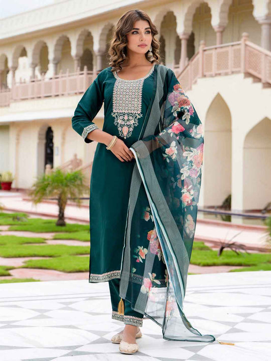 Aayushi Women’s Viscose Roman Silk Embroidery Straight Kurta Pant with Dupatta Set