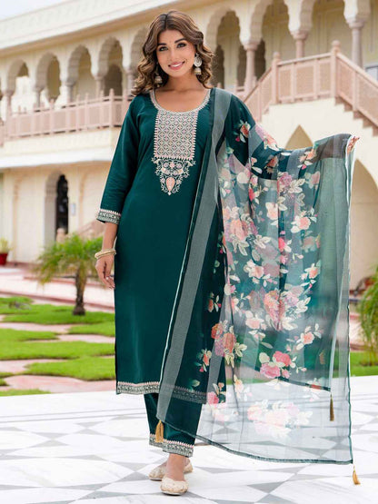 Aayushi Women’s Viscose Roman Silk Embroidery Straight Kurta Pant with Dupatta Set