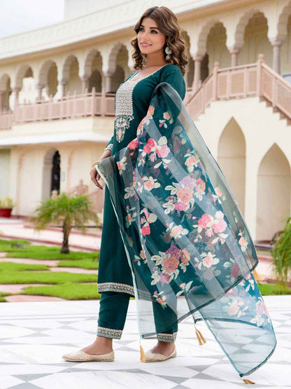 Aayushi Women’s Viscose Roman Silk Embroidery Straight Kurta Pant with Dupatta Set