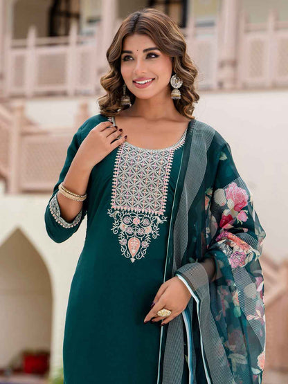 Aayushi Women’s Viscose Roman Silk Embroidery Straight Kurta Pant with Dupatta Set