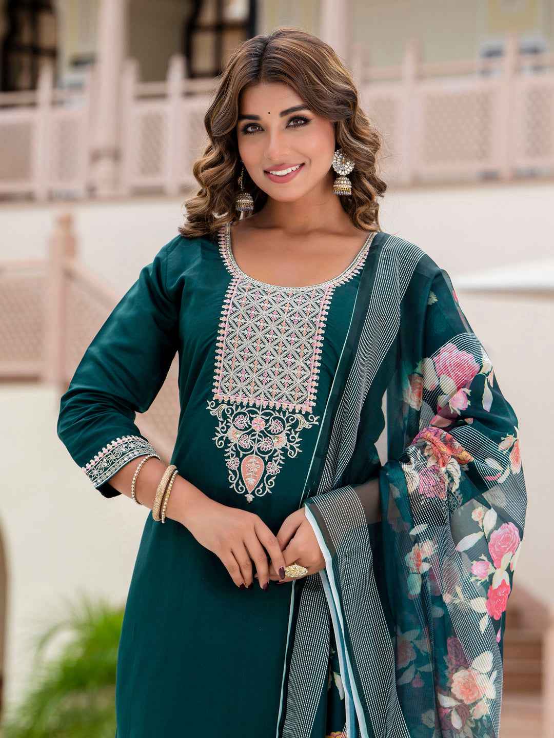 Aayushi Women’s Viscose Roman Silk Embroidery Straight Kurta Pant with Dupatta Set