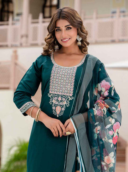 Aayushi Women’s Viscose Roman Silk Embroidery Straight Kurta Pant with Dupatta Set