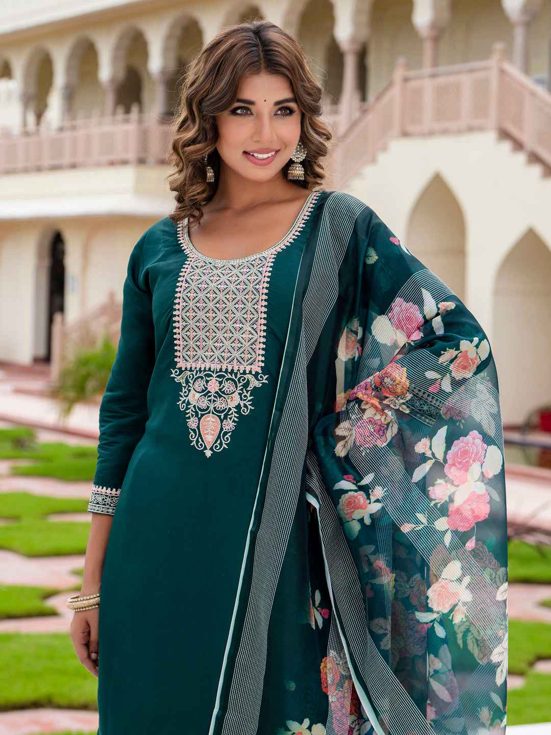 Aayushi Women’s Viscose Roman Silk Embroidery Straight Kurta Pant with Dupatta Set