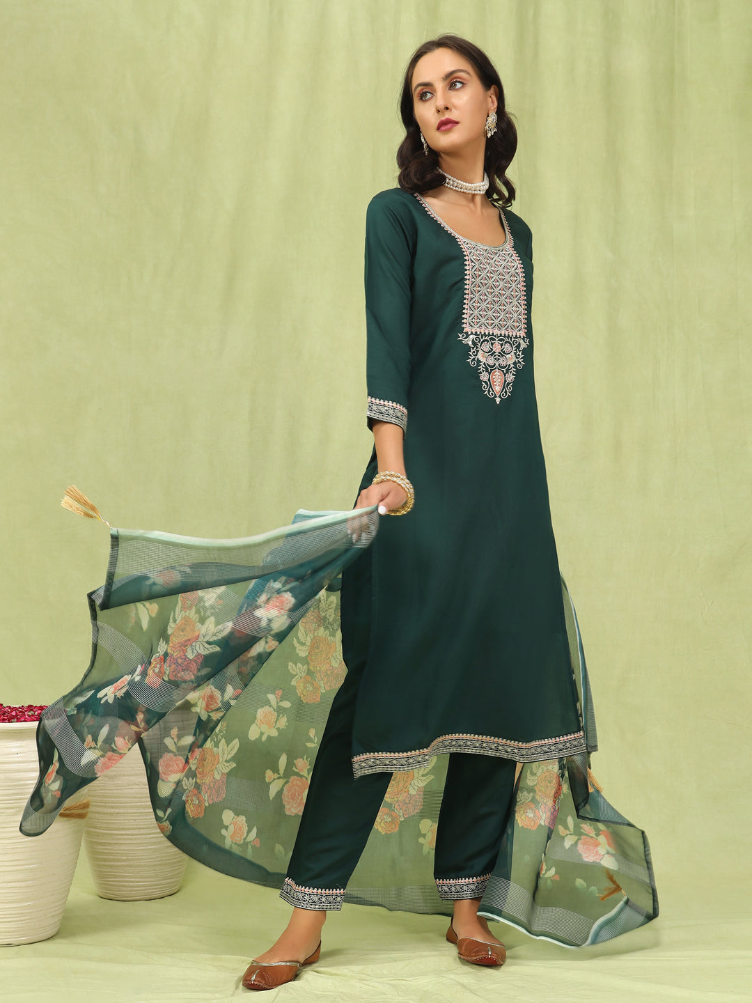 Kshatra Women’s Viscose Roman Silk Embroidery Straight Kurta Pant with Dupatta Set - FitVibe Fashion