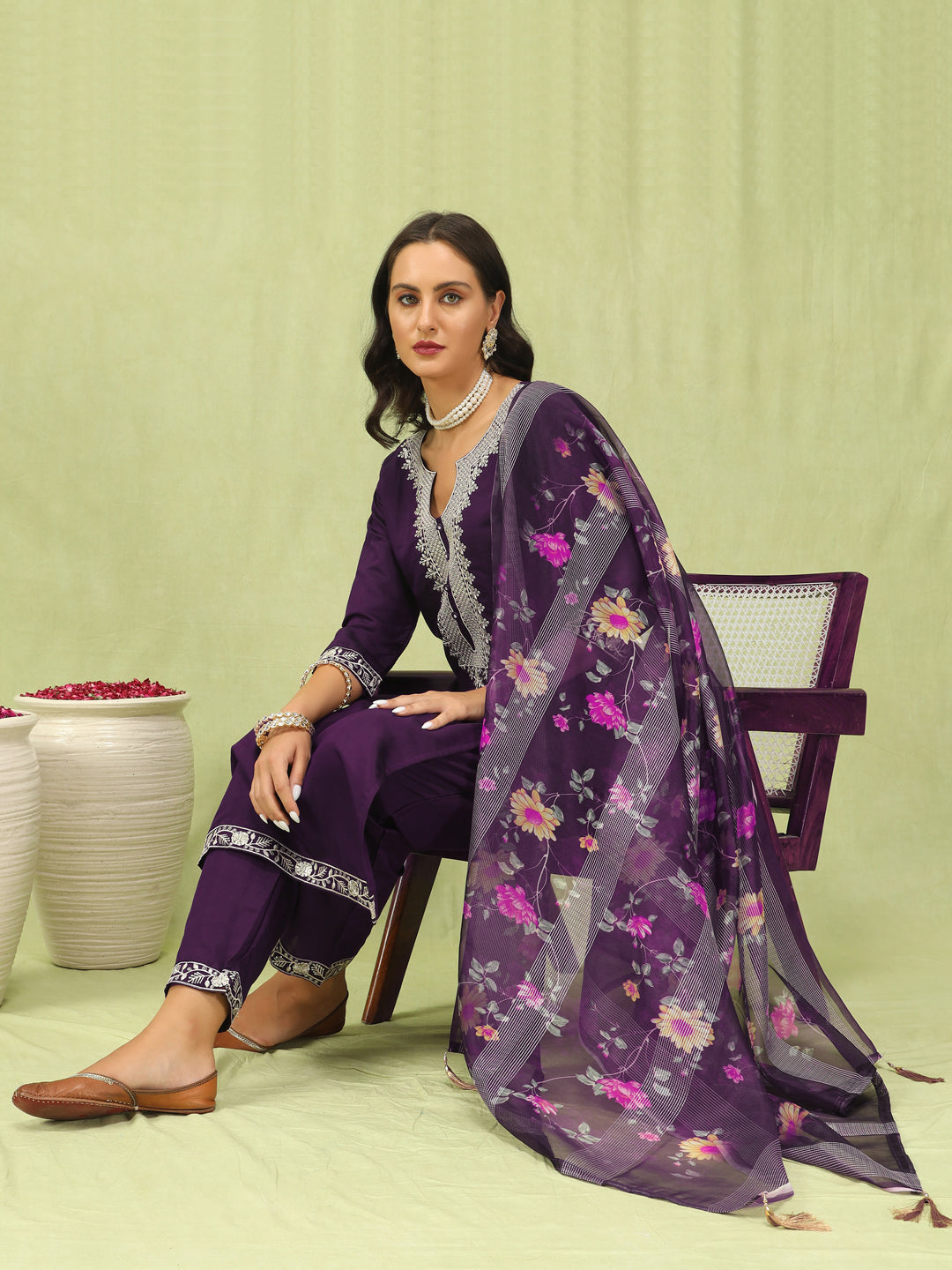 Trishna Women’s Viscose Roman Silk Embroidery Straight Kurta Pant with Dupatta Set - FitVibe Fashion