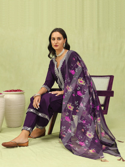 Trishna Women’s Viscose Roman Silk Embroidery Straight Kurta Pant with Dupatta Set - FitVibe Fashion